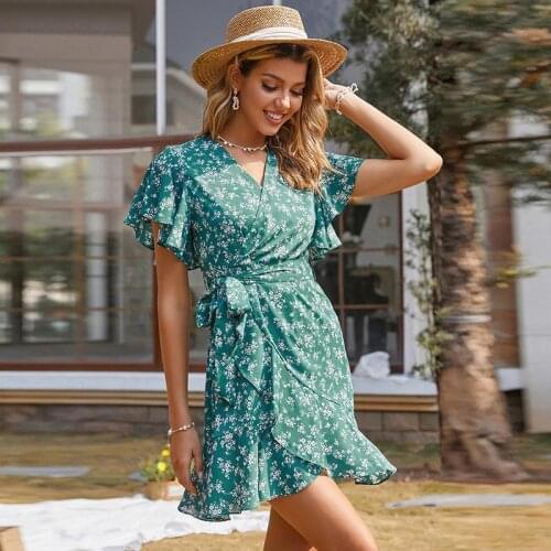 New Ladies 2021 Summer Sweet Floral Print Chiffon Dress Women High Waist Fashion V Neck A Line Above Knee Mini Dresses