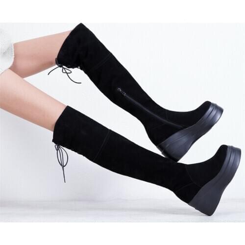Winter Thigh High Sneakers Women Genuine Leather Wedges High Heel Over The Knee High Boots Female Chunky Platform Pumps Shoes