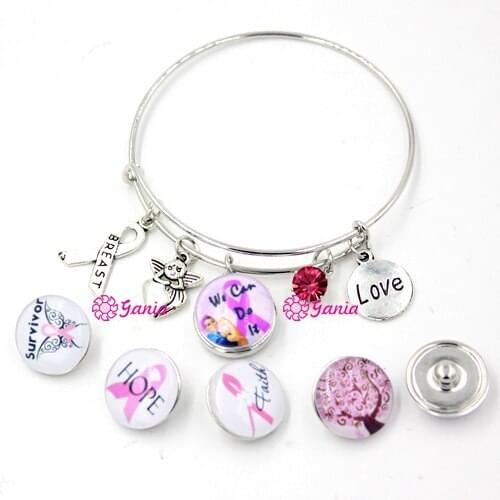 1PC Bracelet 6PCS BUTTONS Breast Cancer Awareness Jewelry Pink Ribbon Wire Expandable Bangle Bracelet for Women ladies gift