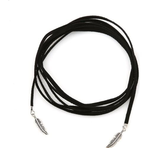 12 pieces/lot Long Black Velvet Choker Necklace Women Girls Jewelry Rope Chain Silver Color Feather Leaf Pendant Leather Collar