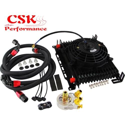 15 Row Oil Cooler Kit w/Thermostat Oil Filter Adapter Kit+7" Electric Fan Kit