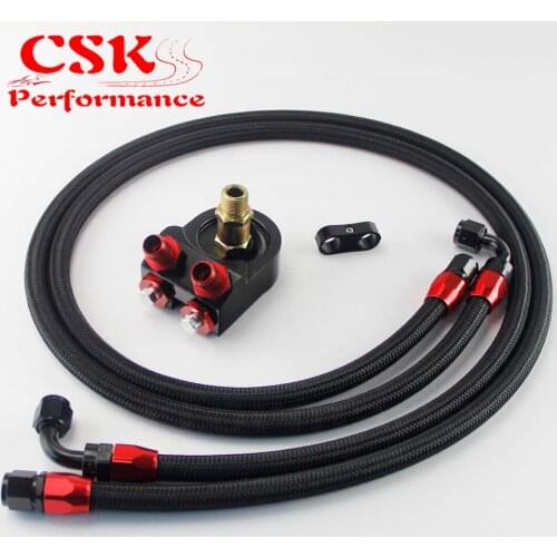 AN8 Oil Filter Sandwich Adapter+AN8 1.4m 1.6m Nylon Braided or SS Braided Oil Line Black / Blue