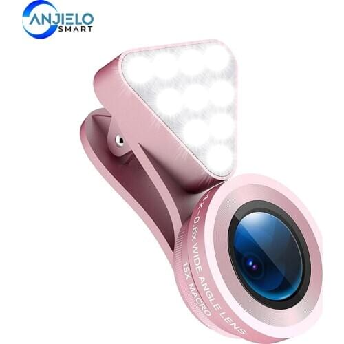 Anjielosmart New 2 in 1 Cell Phone Lens Rechargeable Selfie LED Macro 0.4X-0.6X Wide Angle Lens Adjustable Clip On Fill Light