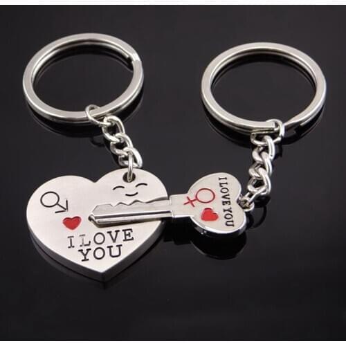 1 Pair Couple Heart Key Chain Silver Color Lovers Love Key Ring Valentines Day Gift I LOVE YOU Letter Keychain Jewelry for Gift