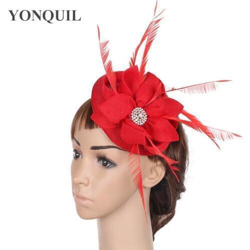 Elegant Lady Womens Red Fascinator Hats On Clips Bride Wedding Gorgeous Hair Accessories Church Wedding Party Millinery Caps