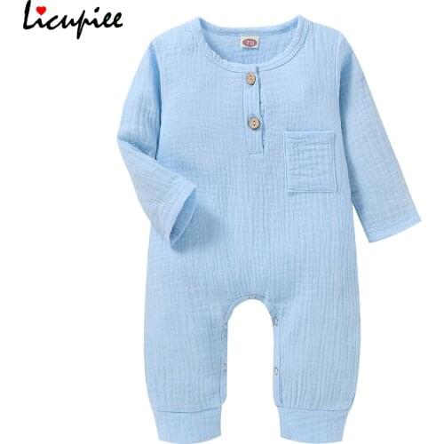 0-18 Months Full Sleeve Unisex Baby Solid Color Romper Long Sleeve O-neck Jumpsuit with Pocket for Spring Fall
