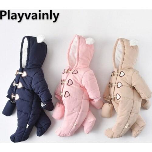 2021 Korean Style Winter Boys Girls Romper Khaki Dark Blue Pink Hooded Long Sleeves Thick Jumpsuit Newborn Clothes E9123