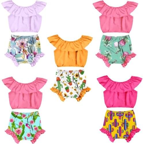 2pcs/set Girls Clothing Sets Kids Solid Color One-shoulder Sleeveless Top Pattern Shorts Cute Childrens Clothing Gifts For Kids