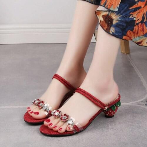 SummerSlippers Women Fashion Open-toe WomensShoes High Heels Cute Womens Sandals Strawberry Flower Decoration Womens Slippers
