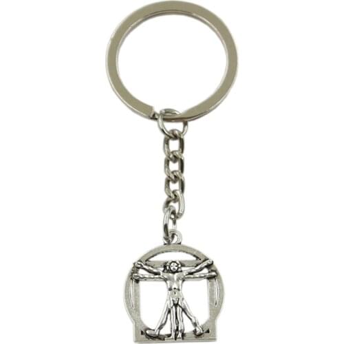 New Fashion Men High Quality Car Keychain DIY Metal Holder Chain Bronze Silver Color Da Vinci Vitruviano Man Pendant For Gift