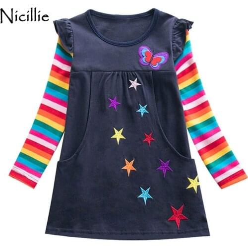 Girls Dress Long Sleeve Baby Kids Casual Dress Children Cotton Clothing Dresses Striped Star Butterfly Dress For Girls 4-8 Years