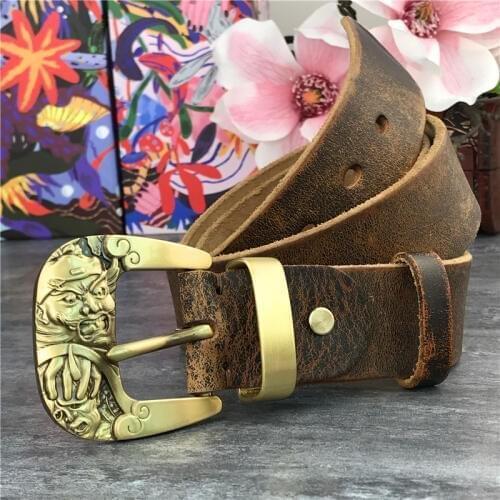Cowboy Jeans Men' Belt Genuine Leather Yellow Belt Vintage Brass Belt Buckle Ceinture Waist Belt Cinturon Mujer Riem MBT0065
