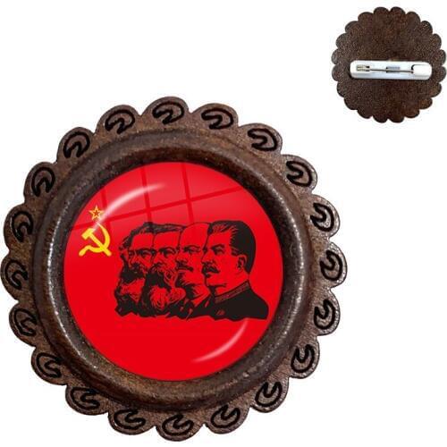 Soviet USSR Stalin Lenin Wood Brooches Classic Red Star Hammer Sickle Communism Emblem CCCP Glass Cabochon Collar Pins Badge