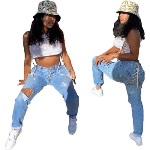 Plus Size Women Clothing 2021 Light Blue Loose Ripped Boyfriend Jeans Oversized Back Lace Up Bandage Fashion Denim Trousers Ddlg