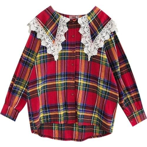 VSUE Women Chic Blue Red Sailor Collar Long Sleeve Shirt Button Spring Autumn Plaid Lace Chic B0754