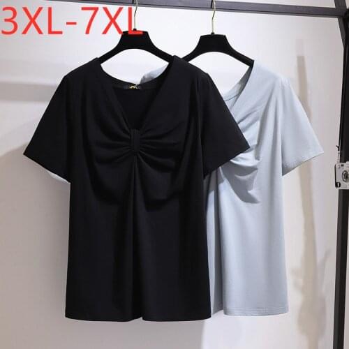 New 2021 Ladies Summer Plus Size Tops For Women Large Short Sleeve Loose Cotton Blue Fold V-neck T-shirt 3XL 4XL 5XL 6XL 7XL