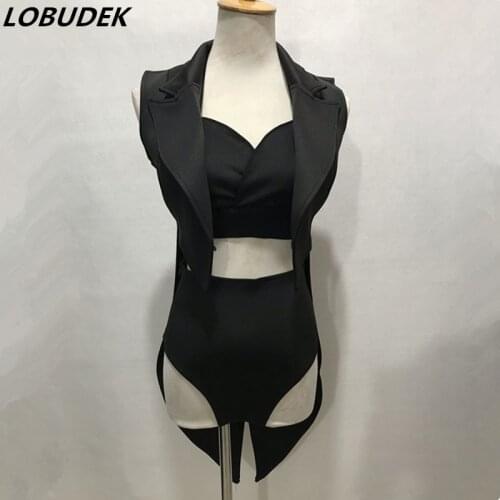 Women Jazz Dance Outfit Black Bra Shorts Tailcoat 3-Piece Set Sexy Stage Wear Nightclub Bar DJ Singer Dancer Performance Clothes