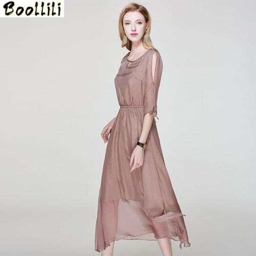 Boollili Ladies Dresses Elegant Natural Silk Women Dress Summer Half Sleeve Solid Long Party Dress Female Luxury Designer