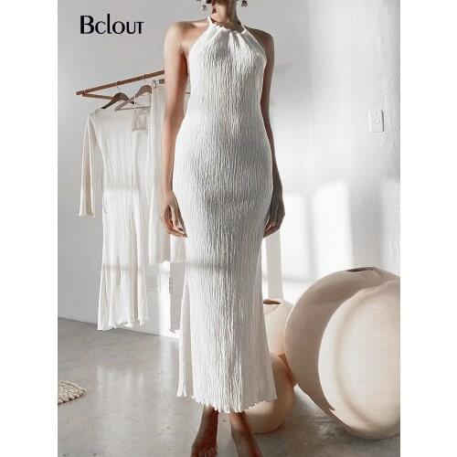 Bclout Vintage White Backless Long Summer Dress Elegant High Waist Halter Dresses Women Fashion Sexy Lace Up Bodycon Vestido