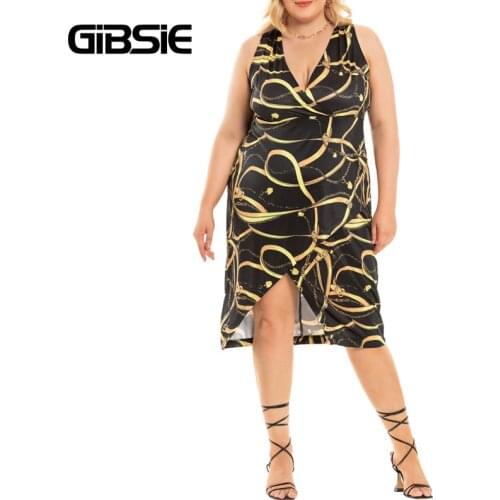 GIBSIE Surplice Neck Chain Print Tank Dress Women Sexy Party Split Bodycon Midi Dresses Plus Size Summer Sleeveless Dress 5xl 4x