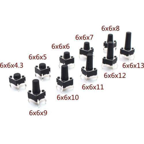 100pcs 6X6X5/4.3/6/7/8/9/10/11/12/13MM Tact Switch Push Button Switch 12V Copper 4PIN DIP Micro Switch For TV/Toys/home use Butt