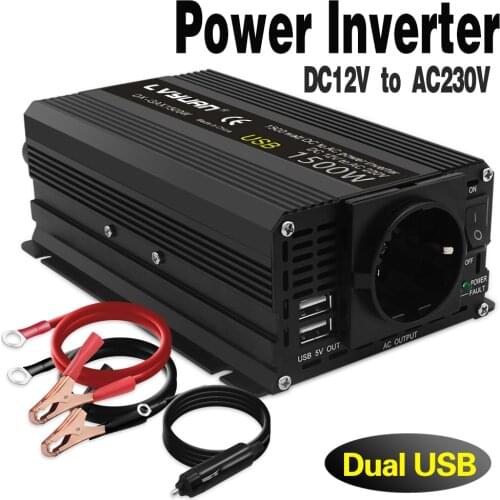 1500W Inverter Peak 12V 220V 50HZ Solar Power Car Inverter 2 USB EU AC Outlets Power Inverter