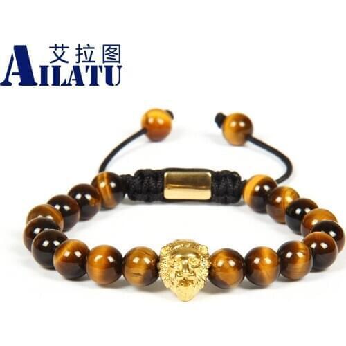Ailatu Wholesale 10pcs/lot 8mm Natural Yellow Tiger Eye Stone with Stainless Steel Lion Head Macrame Bracelet Not Fade