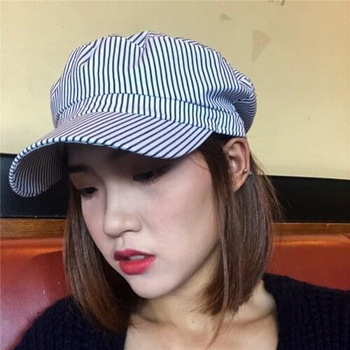 Striped Ladies Navy Hat Lattice Pure Cotton Flat Top Beret Spring and Summer Light Octagonal Hats Outdoor Casual Mens Cap