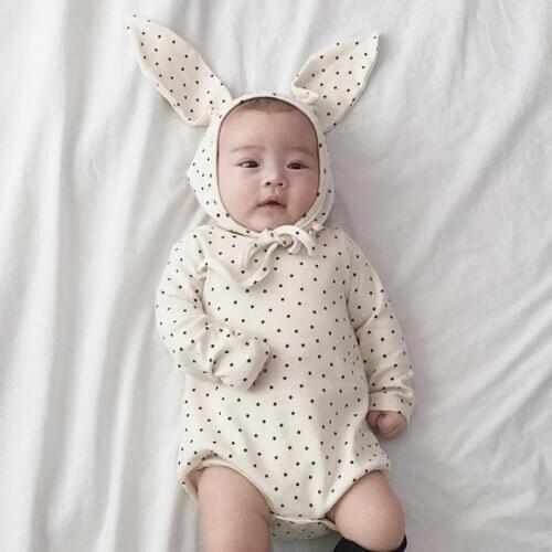 New Baby Bodysuit Cute Print Pure Cotton Baby Autumn Clothes Boy Girl Baby Jumpsuit And Big Rabbit Ear Hat Baby Clothes 0-24M