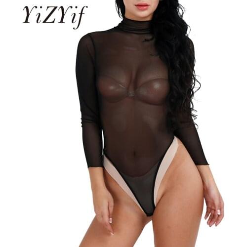 Womens Sexy Bodysuit Mesh See Through Sheer Nylon Bodystocking One Piece Transparent Lingerie High Cut Thongs Teddy Bodysuits