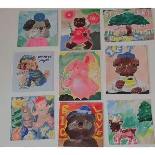 Korean Ins Cartoon Cute Bear Oil Painting Postcard 9 Sheets Square Double-sided Diy Decorative Card Wall Sticker Photo Props
