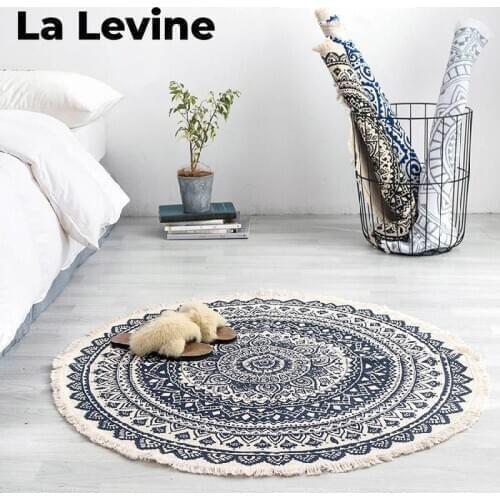 Ethnic Style Round Carpet Cotton and Linen Retro Pattern Hand-woven Living Room Fringed Edging Wear-resistant Household Items