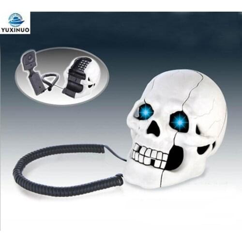 Cool Corded Phone Skull Head Ghost Telephone White Color, Eyes with LED Flashing Light, Audio Pulse Dialing Decoration for Home