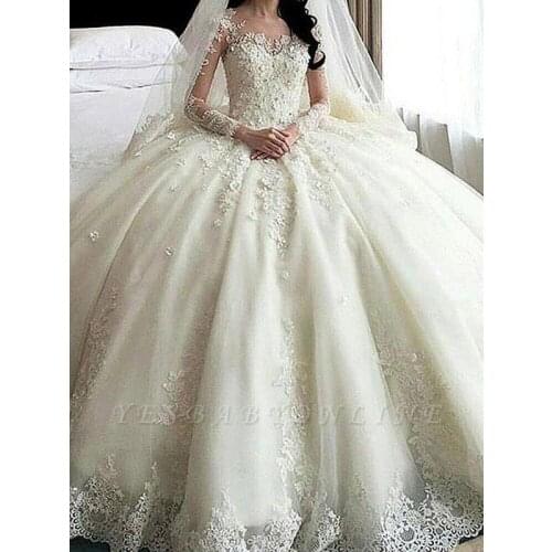 Lace Wedding Dresses With Tulle Scoop Applique Long Sleeves Puffy Court Train Vestidos De Novia 2021