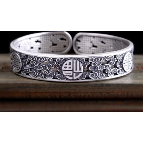 MetJakt Thai Silver S999 Bangles Unisex Open Double Happiness Bracelet