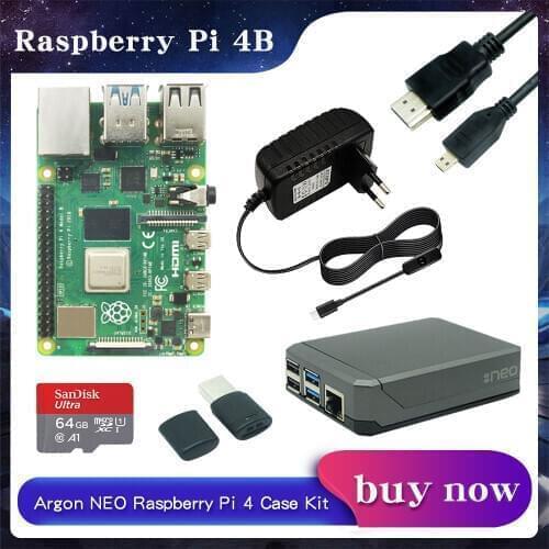 Raspberry Pi 4 Model B 2GB/4GB/8GB RAM +Argon NEO Aluminum Case + Power Adapter + 32/64 GB SD Card + Micro Cable for RPI 4
