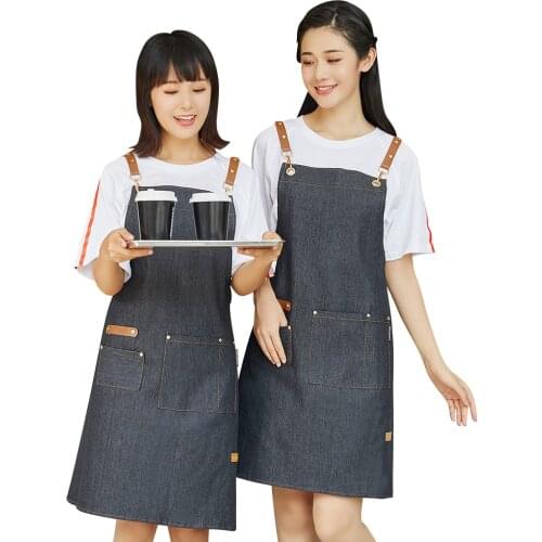 Cafe Work Kitchen Apron Pizzeria Bakery Barber Apron With Pocket For Men Leather Shoulder Strap Canvas Apron Women