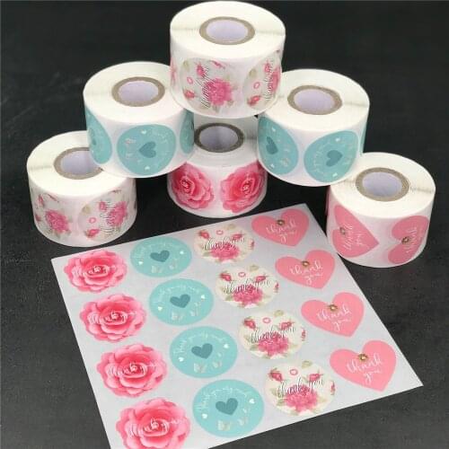 500pcs/roll Heart Floral Thank You Round Stickers Adhesive Label Stickers For Business Gift Cards Envelope Sealing Stickers