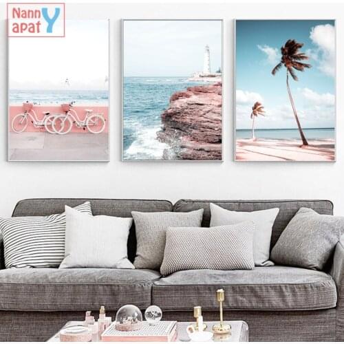 Nordic Landscape Poster Pink Ocean Beach Tree Bus Canvas Painting Living Room Wall Art Decoration Printed Pictures Home Decor