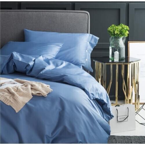 Solid Color Mattress Cover Egyptian Cotton Bedding Set Luxury Hotel Duvet Cover Bed Fitted Sheet King Queen Size Blue Bed Linen