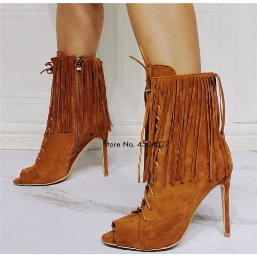 Sexy Brown Tassel Boots Lace Up Pointed Toe High Heels For Women Fashion Fringe Shoes Zipper Booties Female
