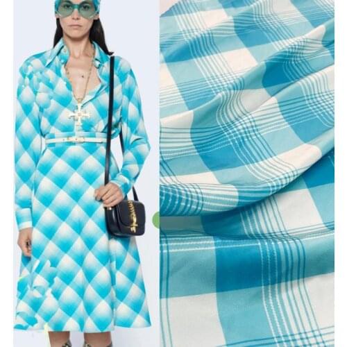 Blue plaid imitation silk stretch satin printed fabric for dress платье tissus au mètre telas por metro sewing ткань для шитья