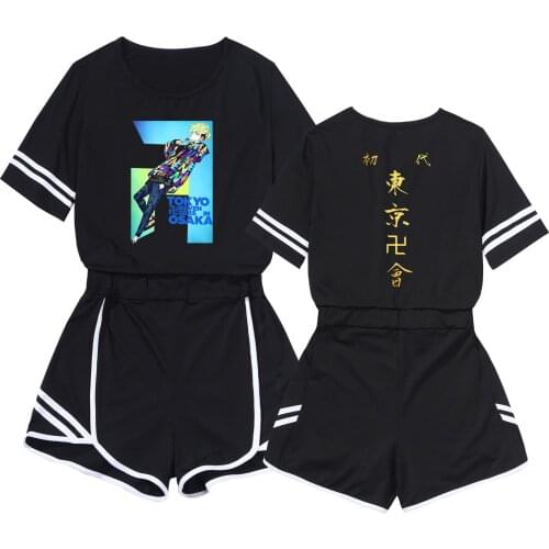 Tokyo Revengers Short Suit Two Piece Anime Cosplay Character Print Women Girl Black Loose Tracksuit Crop Set 2021 Summer Outfits