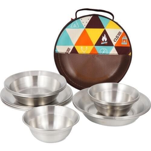 Outdoor Stainless Steel Dinner Plate Bowl 16-piece Camping Tableware Outing Portable Camping Barbecue Plate Home Soup Bowl Plate
