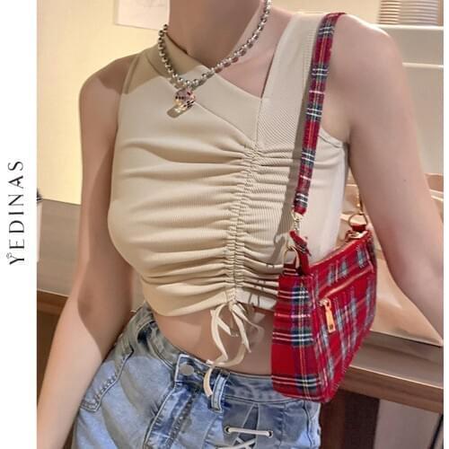 Yedinas Ribbed Tank Tops Sexy Crop Vest Solid Harajuku Korean Female Off Shoulder Knitted Tops White Summer Women Cropped Tops