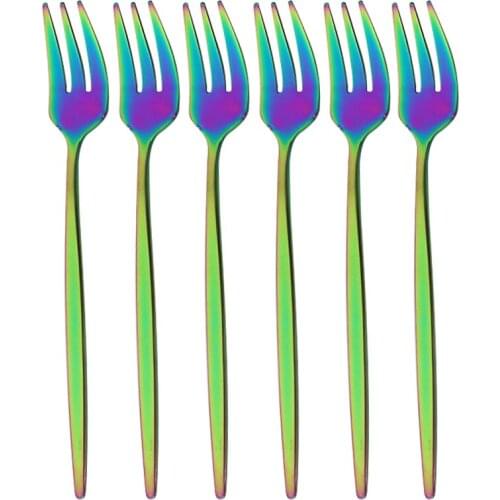 Mirror 6Pcs Fruit Fork Stainless Steel Cake Forks Colourful Tea Fork Dinnerware Flatware Set Hotel Party Restaurant Supplies