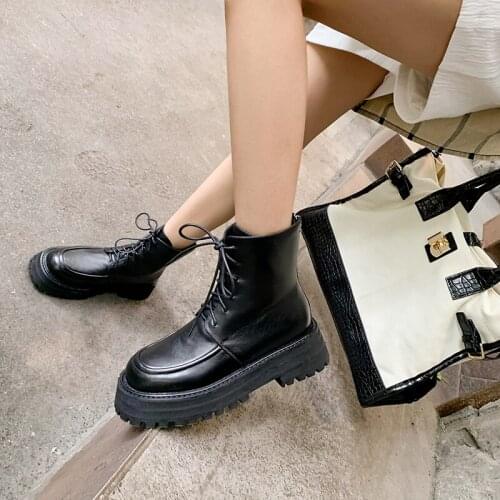 2021 Winter Women Ankle Boots Round Toe Thick Heel Boots Women Platform Shoes White Women Boots Genuine Leather Lace-up