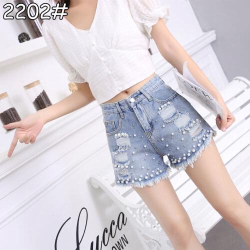 Women 2021 Summer Fashion High Waisted Hole Jeans Female Nail Bead Wide Leg Shorts Ladies New Solid Color Thin Denim Shorts Y42