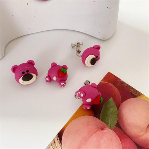 AOMU Romantic Cute Pink Resin Cartoon Strawberry Bear Earrings Funny Irregular Geometric Stud Earrings for Women Accessories