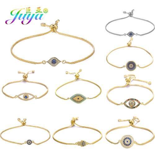 Juya Turkish Eye Jewelry Micro Pave Blue Zircon Evil Eye Charm Bracelets For Women Men Adjustable Chains Greek Eye Bracelets